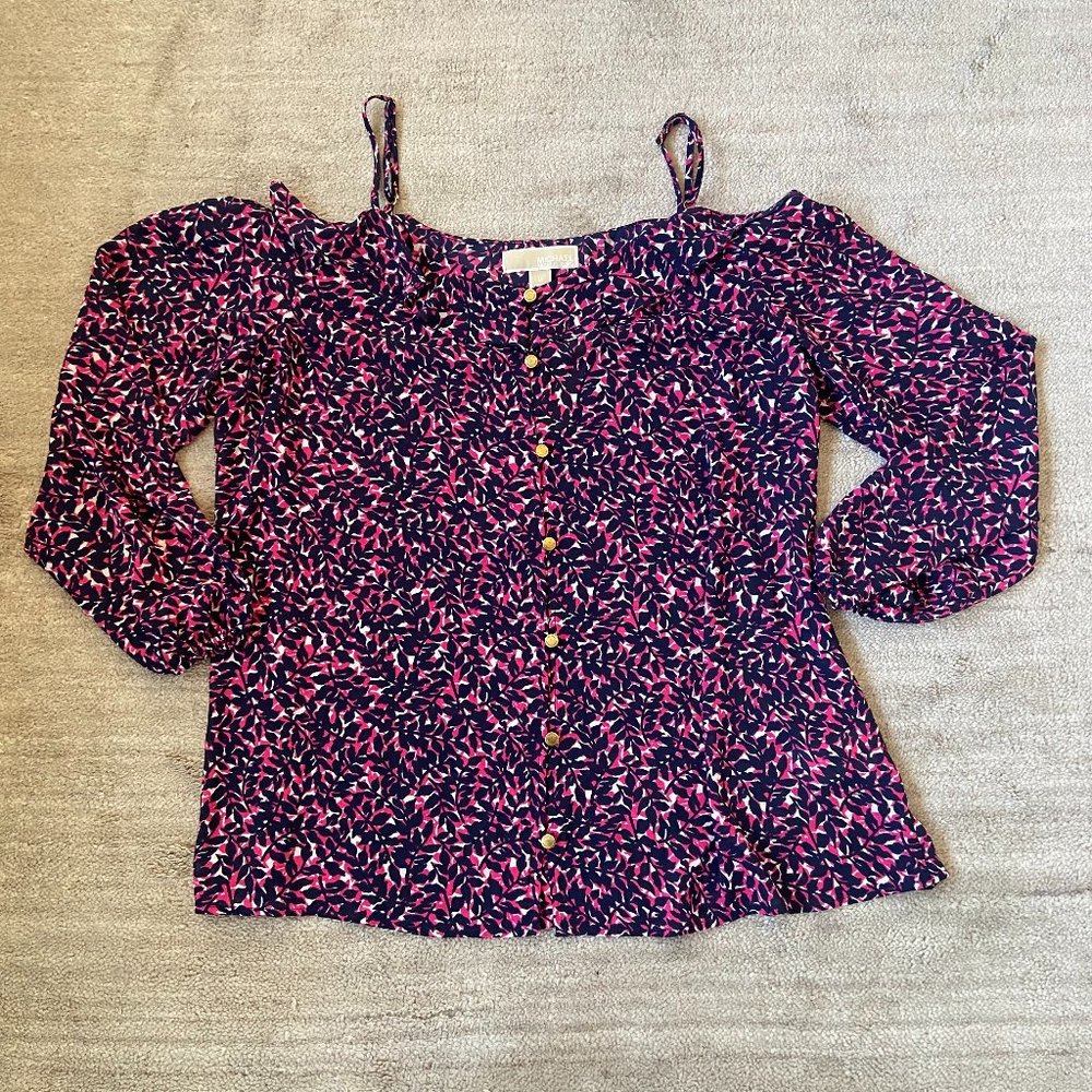 Michael Kors Cold Shoulder Button Ruffle Blouse NWT